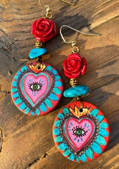 Cardboard Earrings Diy, Sacred Heart Earrings, Artisan Hand Painted Heart Jewelry, Mexican Heart Earrings, Adjustable Red Hand-painted Jewelry, Hand Painted Multicolor Heart Earrings, Frida Earrings, Red Heart-shaped Hand Painted Jewelry