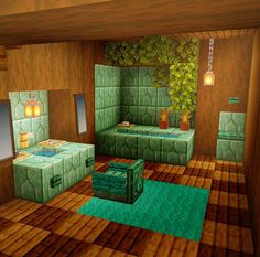 a minecraft bedroom with green walls and wooden floors