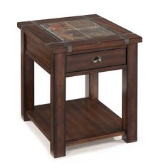 an end table with a tile top and drawer