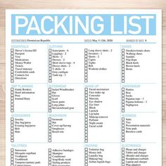 the packing list is shown in blue and white on a wood background with text that says packing