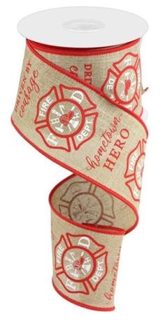 a roll of red ribbon with fire department symbols on it