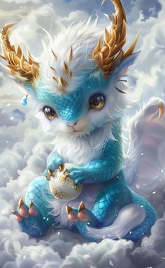 a blue and white cat sitting on top of a cloud filled sky with gold horns