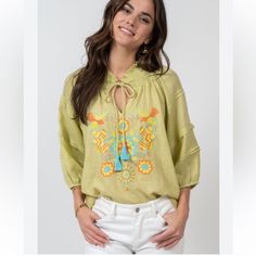 Please Message Me With Any Questions And Check Out My Other Items To Bundle And Save Embroidered V-neck Peasant Top For Beach, Summer Green Blouse With Embroidered Neckline, Green Embroidered V-neck Top, Spring Beach Peasant Style Embroidered Top, Green Long Sleeve Tops With Embroidered Neckline, Green Long Sleeve Top With Embroidered Neckline, Green Bohemian Embroidered Top For Spring, Spring Vacation Embroidered Top With Embroidered Neckline, Spring Vacation Embroidered Neckline Top