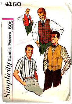 Mens Sport Shirt and Reversible Vest Vintage 1960s Simplicity 4160 Chest Size 40 Neck 15.5 Inch Welt Pockets Mens Shirt Pattern, Shirts For Teens Boys, Vest Sewing Pattern, 1950s Mens, Shirt Vest, Reversible Vest, Simplicity Sewing