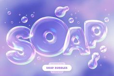 soap bubbles floating in the air on a blue and purple background with an inscription that says soap