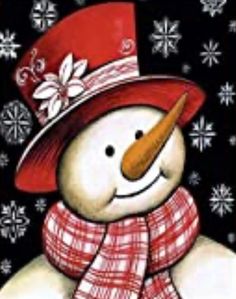 a snowman wearing a red hat and scarf