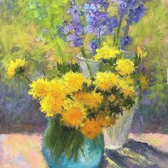 a painting of yellow and purple flowers in a blue vase