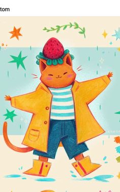 an orange cat wearing a yellow raincoat and blue jeans is standing in the rain