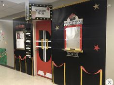 an office decorated for christmas and new year's eve with decorations on the doors