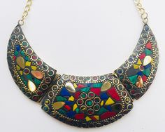 Mosaic Necklace,BOHO, Ethnic, Tribal,Choker,colorful,metal,rainbow,handmade,stone,inlay,Bridesmaid necklace, Beach jewelry ,mothers day gift by CarvedTreasure on Etsy Mughal Architecture