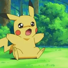 a pikachu sitting in the grass with its mouth open