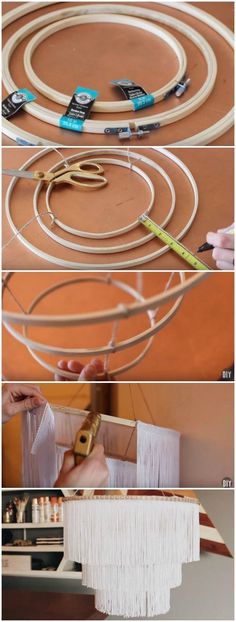 the process to make a chandelier is shown in three different pictures, including one being