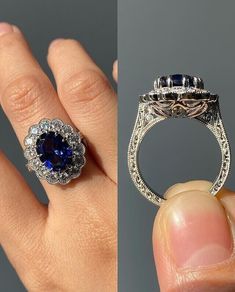 an image of a woman's engagement ring with blue sapphire and diamonds on it