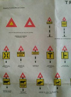 various road signs are displayed on a white paper sheet with red, yellow and black arrows