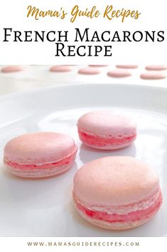 three pink macarons on a white plate