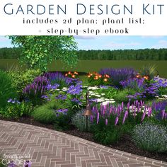 the garden design kit includes 20 plans, plant list and step - by - step book