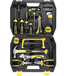 a tool kit in a black case with tools inside it and yellow trimmings