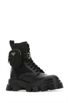 Black Leather And Nylon Monolith Boots Prada Combat Boots, Prada Monolith, Prada Boots, Boots For Winter, Black Leather Combat Boots, Burberry Shop, Leather Combat Boots, Versace Shop, Black Combat Boots