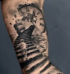 a man's arm with a clock on it and stairs going up to the water