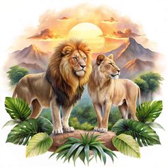 two lions standing next to each other on top of a lush green field with mountains in the background