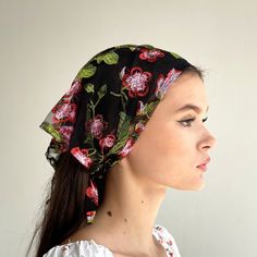 Bandana for women made of embroidered lace with flowers - soft and pleasant to the touch. Elegant decision for this summer season. The scarf will cover your hair in windy weather all the day. 👌 The perfect solution for hair that prone to breakage! The scarf has one layer of fabric, so it is light and comfortable to wear. Also, lace fabric is highly breathable, so it is not hot in it even in very hot weather. SIZE: One universal size fits all. Dimension: length - 23.5 in. (60 cm) width - 11 in. (28 cm) SEND AS GIFT: ❤️ If you need a gift box, congratulatory message and express shipping, you can choose it all during checkout the order in the cart. (You can type the words, what you want).  EXPRESS SHIPPING: USA - FedEx shipping available within 2 days and overnight - 1 day. WORLDWIDE - DHL e One Size Summer Beach Headscarf, Black Bohemian Bandana For Spring, Summer Vacation Headscarf, One Size Summer Festival Headscarf, Bohemian Black Bandana For Spring, Spring Bohemian Black Bandana, Bohemian Headscarf For Summer Vacation, Summer Festival Headscarf, Black Casual Summer Headscarf