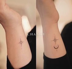 two pictures of the same wrist with stars and moon tattoos on each side of the wrist