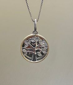 "DeKara Designs Silver Metal- Sterling Silver, .925, 10K Yellow Gold .417. Stones-14 Round Diamonds H-I Color SI2 Clarity 0.05 Carats. Measurement- Necklace is box chain made in sterling silver, 18 inches long. Beautiful \"Family Tree\"/\"Tree of Life\" diamond necklace/pendant made in sterling silver and 10K Yellow Gold. The pendant features a solid silver round shine finish pendant with \"Family is Everything\" engraved. The front of the pendant is a tree features 14 round prong set diamonds, Necklace Silver Diamond, Diamond Necklace Silver, Diamond Necklace Pendant, Gold Tree Of Life, Silver Diamond Necklace, Tree Tree, Gold Tree, Family Is Everything, Tree Of Life Pendant