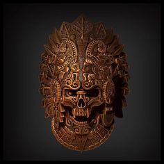 a gold mask with intricate designs on it's face and head, against a black background