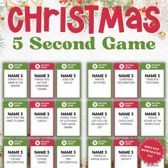 a christmas game with the words 5 second game and name tags for each player in red, green and white