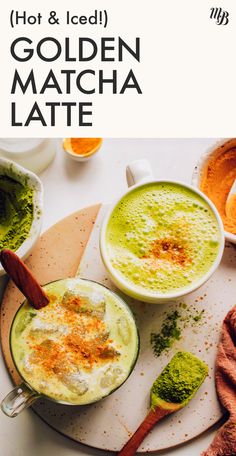 two bowls of food on a plate with spoons next to it and the title hot & iced golden matcha latte