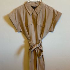 Romper By Vera Wang Casual Collared Belted Jumpsuits And Rompers, Casual Belted Collared Jumpsuits And Rompers, Utility Jumpsuits And Rompers For Summer Workwear, Spring Khaki Short Sleeve Jumpsuits And Rompers, Khaki Sleeveless Jumpsuits And Rompers For Workwear, Summer Khaki Jumpsuits And Rompers For Workwear, Sleeveless Khaki Jumpsuits For Work, Khaki Sleeveless Jumpsuits For Work, Beige Jumpsuits And Rompers With Pockets For Work