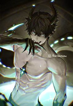 a male anime character with horns on his head and chest, standing in the water