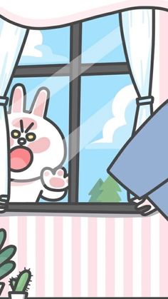 a cartoon bunny is looking out the window and pointing at something in front of him