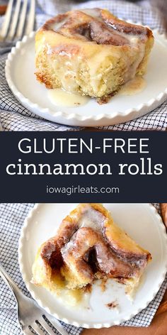 gluten - free cinnamon roll on a white plate with fork and napkin in the background