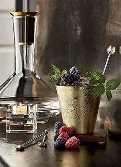 a potted plant with berries and mint on a table next to a blender