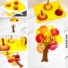 an apple tree made out of apples sitting on top of a yellow tray next to other pictures