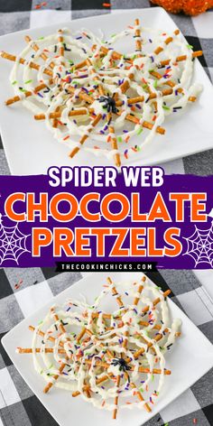 Perfect for Halloween or any themed party, these Spider Web Pretzels are sure to be a hit! Easy to make using only a few simple ingredients and the perfect salty sweet treat! Pretzels Spider Webs, Spider Pretzel Treats, Pretzel Stick Spider Webs, Chocolate Pretzel Spider Webs, Easy Homemade Halloween Treats, Halloween Treats Pretzels, Pretzel Spider Web Halloween Treats, Salty Halloween Treats, Halloween Pretzel Sticks