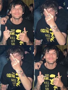 four pictures of a young man giving the peace sign with his fingers and smiling at the camera