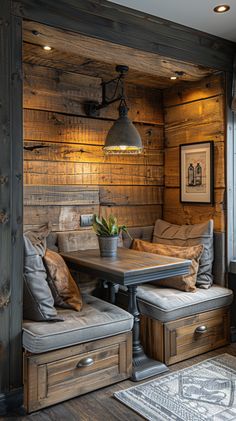 a table and two benches in a room with wood paneling on the wall behind it