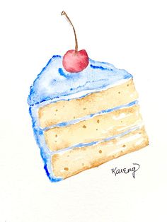 a piece of cake with blue icing and a cherry on top, drawn in watercolor