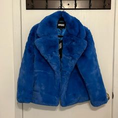 New Fur Jacket Is Beautiful Color! Blue Long Sleeve Fur Coat For Spring, Spring Blue Long Sleeve Fur Coat, Royal Blue Long Sleeve Winter Outerwear, Long Faux Fur Coat, Leopard Print Coat, Faux Leather Biker Jacket, Nike Tennis Dress, Grey Plaid, Print Coat