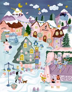 an illustration of a snowy town with people and houses