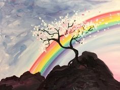 a painting of a tree on top of a hill with a rainbow in the background