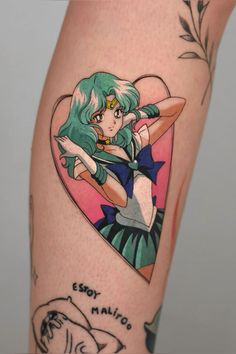 a girl with green hair and blue eyes is shown on the thigh, wearing a sailor outfit