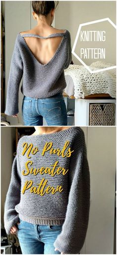 the back of a woman's sweater that says knitting pattern, and has an image of