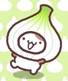 an onion with a happy face on it's head and arms, standing in front of a green background