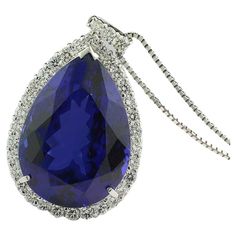 Tanzanite Pendant, Blue Violet, Purple Hues, Pear Cut, Box Chain, Brilliant Cut Diamond, Spring Rings, Diamond Pendant, Deep Blue