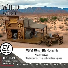 an advertisement for wild west blacksmiths and equipment in the desert with mountains in the background