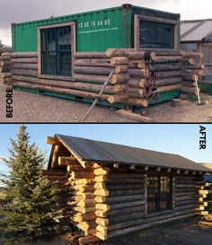 before and after pictures of a log cabin that has been constructed into a mobile home