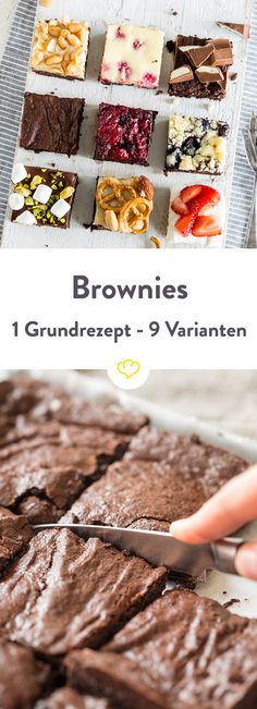 chocolate brownies on a plate with a knife in the middle and text overlay that reads, brownies grunderzept - 9 - 9 varianten